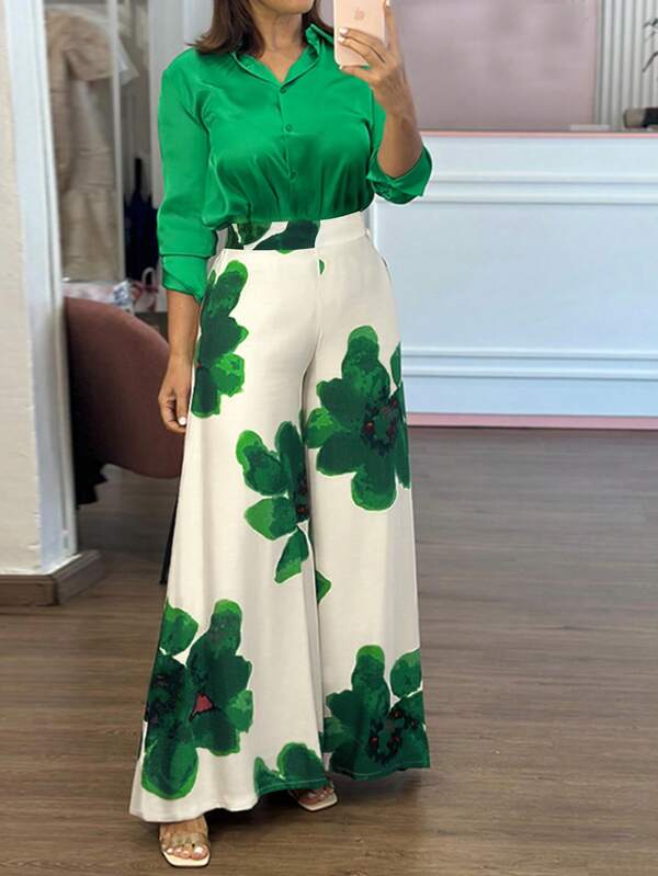 Women's New Autumn Bestselling Black & Green Floral Wide Leg Loose Pants, Suitable For Commuting