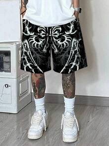 男士复古 3D 动物骨骼印花常规版型短裤，时尚休闲舒适，适合运动、休闲、居家聚会 - 黑色 - 查看 1