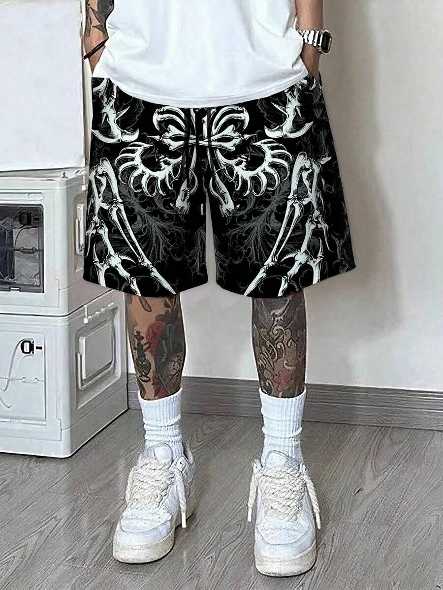 男士复古 3D 动物骨骼印花常规版型短裤，时尚休闲舒适，适合运动、休闲、居家聚会 - 黑色 - 查看 1