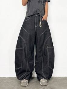 1件 Justice Brother 复古高街多口袋拼接宽松牛仔裤，舒适宽松筒状裤腿男士 - 黑色 - 查看 4