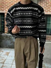 BAI YUE -Inspired Relaxed-Fit Geometric Pattern Crewneck Pullover Knit Sweater For Men, For Fall Winter - Black - View 5