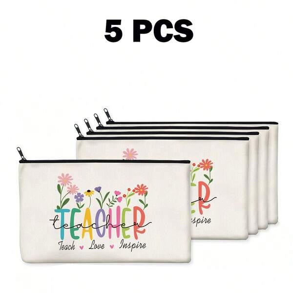 1/5/10pcs Elegant Ivory Zipper Pouches With "TEACHER" Design - Perfect For Cosmetics, Stationery, Jewelry & Snacks - Ideal For School, Travel & Gifts, Polyester Material, Travel Accessories | Inspirational Design | Durable Zipper Closure, Teacher Gifts Travel Essentials Holiday Vacation Makeup Bag Makeup Organizer Travel Bag For Women