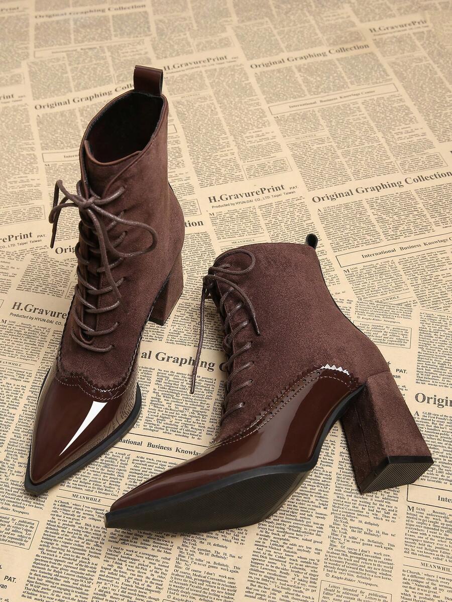 2025新款高品质热销秋季新款系带撞色优雅踝靴女款粗跟尖头秋冬时尚踝靴 - 棕色 - 查看 1