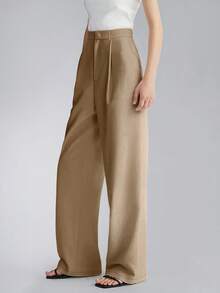 Women's High Waist Side Pocket Wide Leg Suit Pants, Spring/Autumn - Khaki - View 3