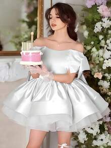 Vestido elegante blanco con lazo para adolescentes, boda, baile de graduación, mayoría de edad, graduación, fiesta de cumpleaños - Blanco - Ver 6