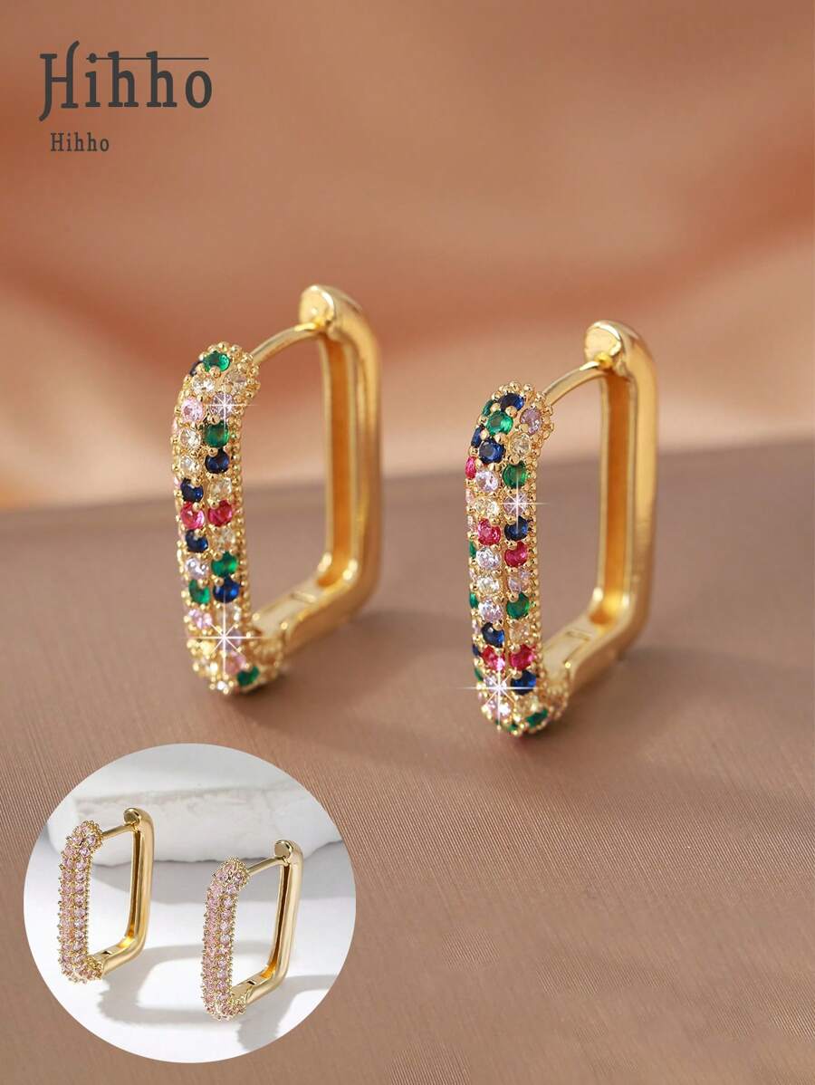 Hihho 2pcs European & American Styles Cubic Zirconia Inlaid Hoop Earrings, U-Shape Ear Cuffs, Round Earrings For Women, Fashion Minimalist Jewelry Accessories - Yellow Gold - View 1