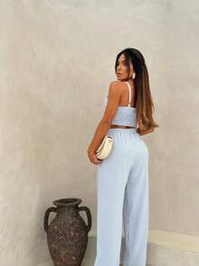 Women's Fashion | Casual Style | Wide Leg Pants | Tie-Up Top | Stylish Set | Summer  | Striped Set - 藍白色 - 查看 3