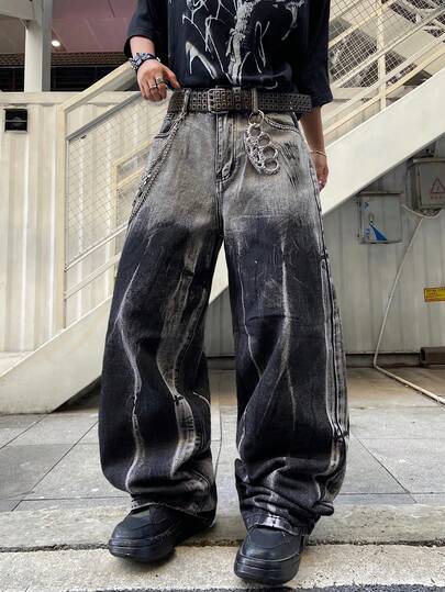 1件美式时尚手绘牛仔阔腿裤，休闲宽松街头风男士长裤（不含腰带和配饰）