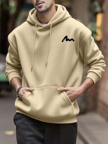 Men's Casual Text Print Drawstring Hooded Long Sleeve Sweatshirt, Fall Winter - Apricot - View 3