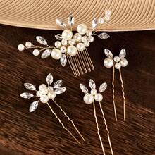 4pcs/Set Women's Handmade White Pearl Crystal Hair Comb, Shiny Zinc Alloy Hair Clip Headpiece Accessories Set, Bridal Wedding Party Dress Decor