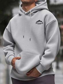 男士秋冬简约山景印花口袋抽绳连帽卫衣，长袖上衣 - 灰色 - 查看 6