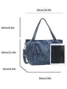 New Soft Denim Casual Fashion Bag, Large Capacity Travel Sports Bag, Front Double Zipper Pocket Design, Office Large Capacity Multifunctional Shoulder Crossbody Bag, Student Casual Bag And Street Tote Bag. - 藍色 - 查看 5
