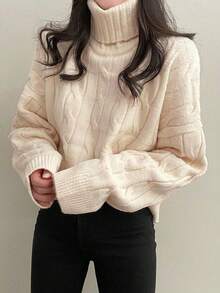 Turtleneck Sweater For Women, Loose Fit Short Style, Long Sleeve Cable Knit, Autumn/Winter - Apricot - View 3