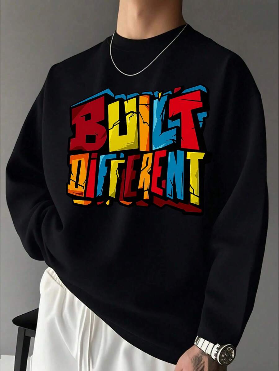 Men's Casual Letter-Print Cotton Long-Sleeved T-Shirt - 黑色 - 查看 1