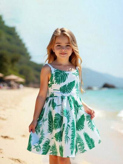 Young Girl' Vacation Casual Elegant Green Leaf Print Strap Dress, Summer
