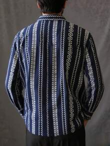 休闲美式几何图案宽松宽领长袖衬衫秋季 - 藏蓝色 - 查看 2