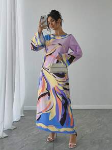 1 chiếc áo choàng nữ in hoa màu tím cổ tròn tay loe, kiểu dáng Abaya thanh lịch kiểu Ả Rập cho các dịp trang trọng, váy dự tiệc sang trọng mùa xuân. - Màu tím - Xem 6