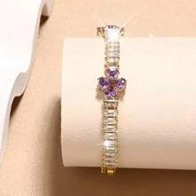 1 قطعة سوار تنس فاخر بشكل قلب ذهبي، 1 قطعة سوار تنس أنيق بشكل قلب للنساء مرصع بأحجار الزركونيا البنفسجية | سوار للذكرى السنوية، مجوهرات لامعة - هدية مثالية لعيد الحب والذكرى السنوية