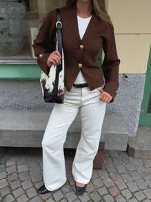 SEREN Autumn And Winter New V-Neck Two Button Long Sleeved Knitted Cardigan Women's Brown Sweater Jacket Top, Suitable For Daily Commuting And Shopping When Going Out