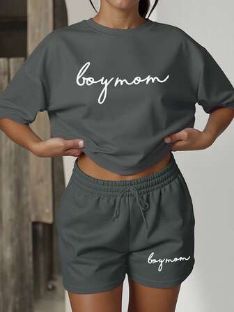 HESSEN Women's Casual Minimalist Solid Color Loose Daily Versatile 3D English Letter Embroidery Pattern Loose Short Sleeve T-Shirt And Shorts Two Pieces Set, Suitable For Gym, Running, Back To School, Teacher Outfits, Outings, Valentine's Day, New Year