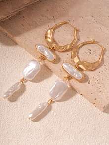 2pcs French Baroque Moon Shaped Irregular Imitation Pearl Pendant Women's Earrings - 金色 - 查看 6