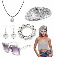 6 件女士 70 年代迪斯科服装配饰套装 - 包括 70 年代迪斯科黑色卷发合成发、镶钻时尚眼镜、闪光围巾、闪光头带、流苏耳环和戒指 - 非常适合复古派对、狂欢节、复活节和主题活动、迪斯科服装配饰万圣节