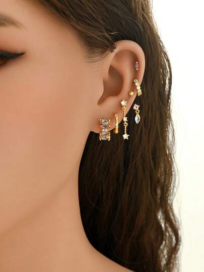 1 Set Of 6pcs Elegant Zirconia Stud Earrings, Suitable For Daily, Party, Holiday, Date Or Wedding