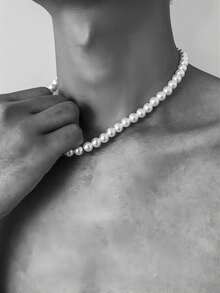 1pc White Pearl Necklace, Handmade Beaded Simple Design Necklace, Jewelry For Men, Women & Girls, Wedding Accessory - White - View 5