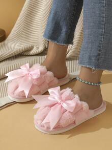 Autumn/Winter Bowknot Closed Toe Slippers For Women, Lightweight Non-Slip Fluffy Indoor/Outdoor Casual Slippers