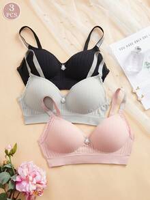 3件套女士纯色无缝蕾丝条纹文胸套装，舒适无钢圈，固定罩杯，可调节肩带，休闲运动文胸 - 彩色 - 查看 2