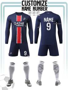 2pcs Men's Customized Long Sleeve Football Jersey, Personalized Football Uniform, Men's Autumn Sports Suit, Running Set, T-Shirt Set, Suitable For Football, Badminton, Basketball, Cycling - Navy Blue - View 1