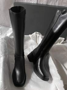 2025秋冬新款中跟仿皮过膝靴，简约摩托骑行风格，百搭女士高筒靴