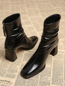 2025年高品质热销秋季新款女鞋褶皱设计优雅靴子粗跟高跟鞋方头秋冬女式踝靴，百搭时尚 - 黑色 - 查看 4
