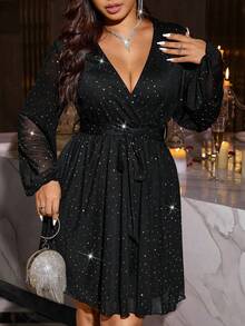 Plus Size V-Neck Sequin Mesh Insert Cinched Waist Dress Black Vacation Spring - Black - View 6