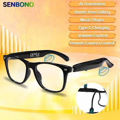 SENBONO SENBONO KI-Übersetzungs-Smartbrille - Audio-Brille - Übersetzung in über 100 Sprachen Intelligente kabellose Brille mit kabelloser Anruffunktion, Musikwiedergabe, Musiksteuerung, Kamerasteuerung, Sprachaktivierung, Echtzeit-Übersetzung von Gesicht zu Gesicht und gleichzeitiger Video-Sprachübersetzung in über 100 Sprachen für Geschäft, Arbeit, Büro