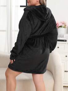 1 件大码女士纯色连帽系腰毛绒睡袍，舒适温暖，适合秋冬、秋季 - 黑色 - 查看 3