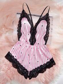 情人节礼物新款撞色女士性感内衣套装，深V领交叉可调节肩带露背连体裤，收腰蕾丝拼接波点家居紧身衣 - 粉色 - 查看 4