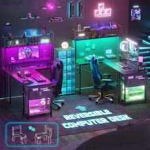 Mesa de juego pequeña en forma de L con toma de corriente, mesa en forma de L con soporte para monitor y estante de almacenamiento, mesa de juego, escritorio de oficina - Tipo de Enchufe A USA (110-127V) - Ver 7