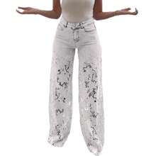 Women's Hollow Floral Slim High Waist Straight Tube Street Wide Leg Jeans - 白色 - 查看 6