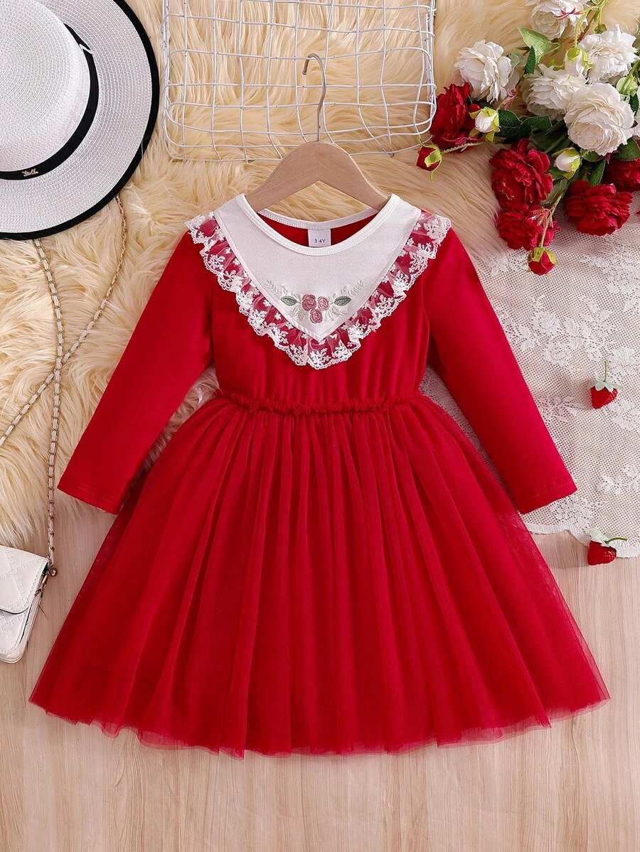 coviviky Vestido de niña con contraste de colores dulces, cuello bordado con flores y volantes, manga larga de malla con parches