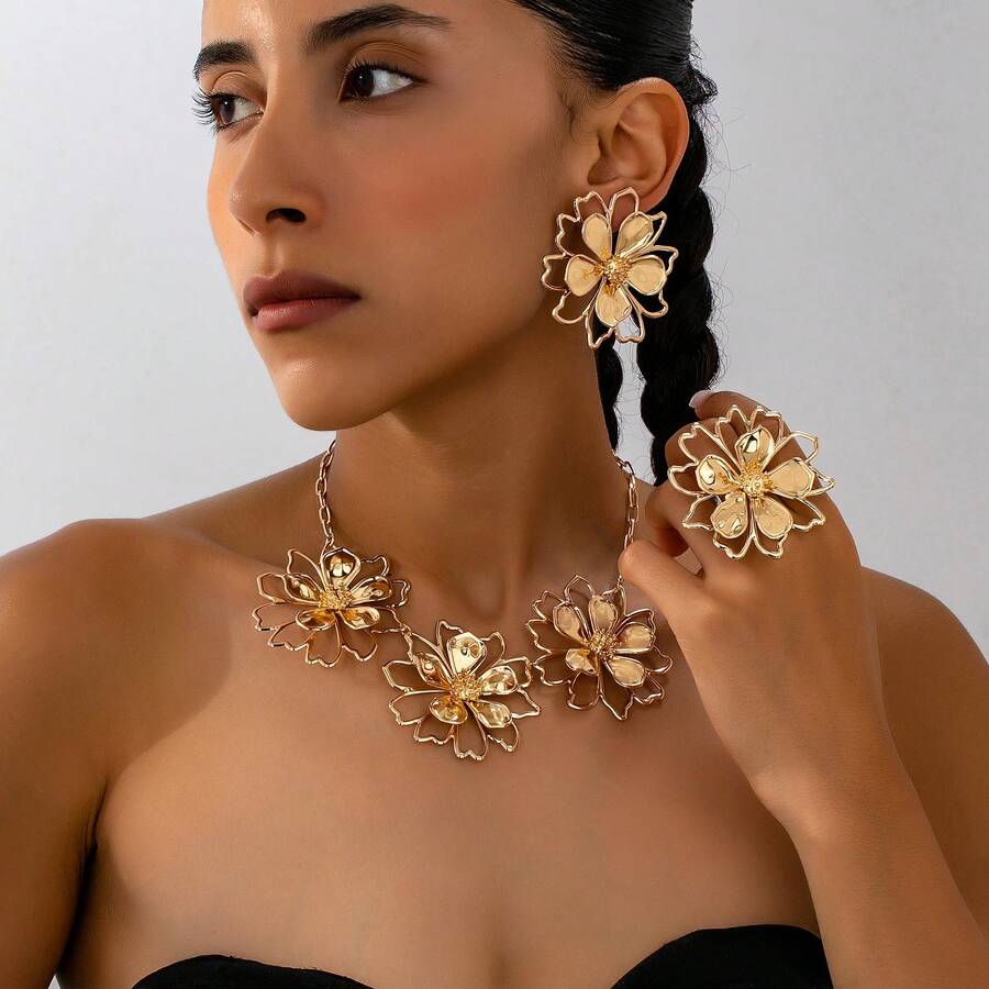 1 套女士珠宝，包括 1 件夸张度假风格金色双层五叶花吊坠项链、1 对耳环、1 枚戒指 - 紅色套裝 - 查看 1