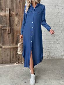 Loose Shirt Dress With Buttons Front, Casual Solid Color Split Hem Dress In Spring And Autumn, Shirt Dresses For Women - Màu xanh lam - Xem 3