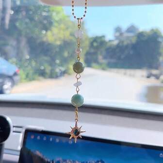 Sun Hanging Car Charm,Green And Gold Rear View Mirror Accessories Cute Boho Dangling Sun Car Decor Handmade Healing Crystals Stones Ornament Gifts For Women Men