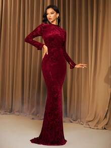 Wine Red Elegant Long Sleeve Velvet Jacquard Maxi Party Evening Dress