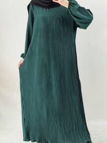 1pc Women's Plain Pleated Abaya Robe, Suitable For Spring, Summer, Autumn Daily Wear