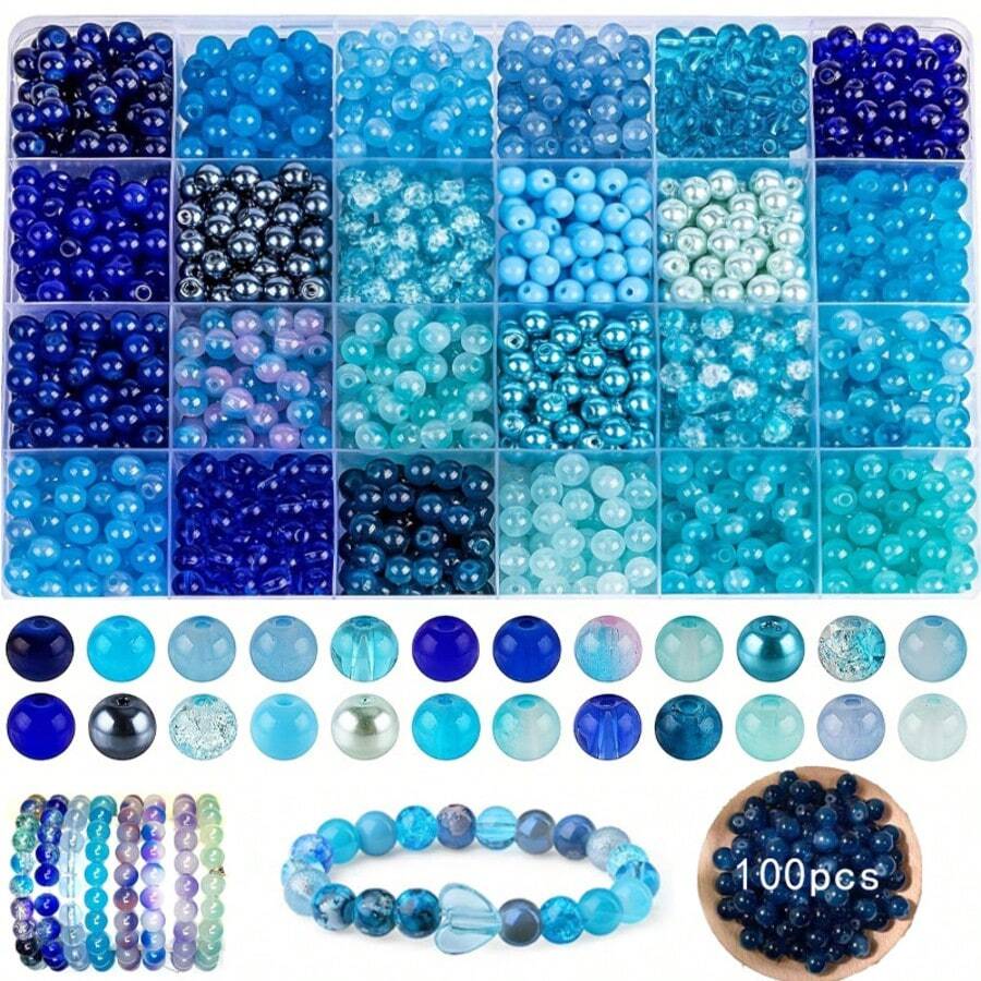 100pcs/720pcs/960pcs 6mm Blue Ocean Fantasy Crystal Glass Beads Bracelet Making Kit, For DIY Necklace, Earrings, Friendship Bracelets, Jewelry, Crafts (Random Color)