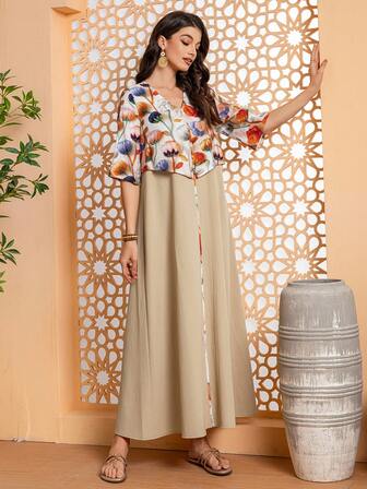 ชุดเดรสยาวลำลอง แขนสั้น คอวี พิมพ์ลายดอกไม้สีสวยสง่า สำหรับผู้หญิง ใส่ได้ทุกวัน