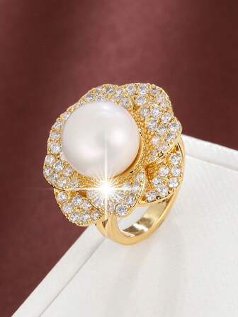 1pc Exquisite Blooming Flower Design Cubic Zirconia Adjustable Women Ring