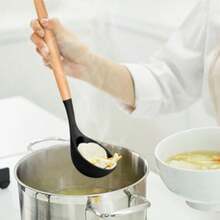 E-Far Cooking Utensils Set Of 6, Silicone Kitchen Utensils With Wooden Handle, Non-Stick Cookware Friendly & Heat Resistant, Includes Spatula/Ladle/Slotted Turner/Serving Spoon/Spaghetti Server(Black)