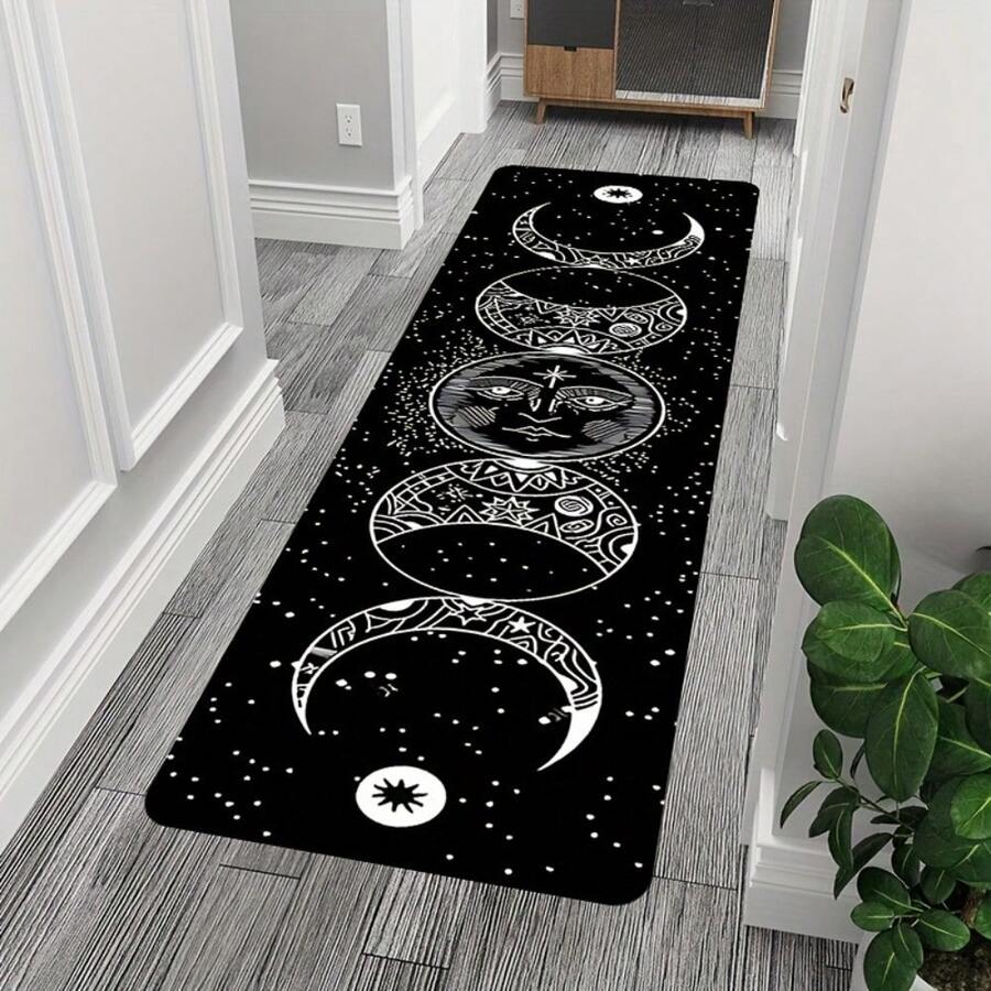 1pc 4.6'x1.6', 6'x1.8' Black Bottom Sun And Moon Long Strip Rug, Bohemian Celestial Area Corridor Rug, Non-Slip, Comfortable Standing Rug, Unique Star And Moon Phase Rug, For Living Room, Bedroom, Study, Porch And Bathroom Non-Slip Mat, Indoor And Outdoor Entrance Door Mat, Home Decoration - màu đen - Xem 1